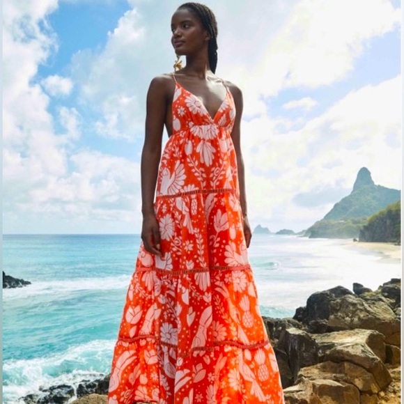 FARM Rio Dresses & Skirts - NEW FARM Rio Orange Neon Jungle Maxi Tiered Dress Size XL